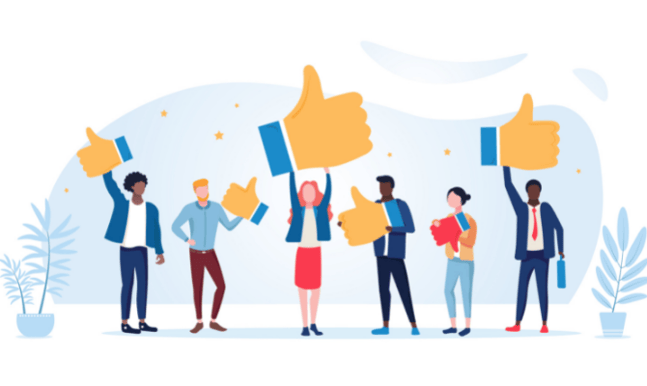 To represent customer experience a group of people hold thumbs up emojis that are larger than their bodies.