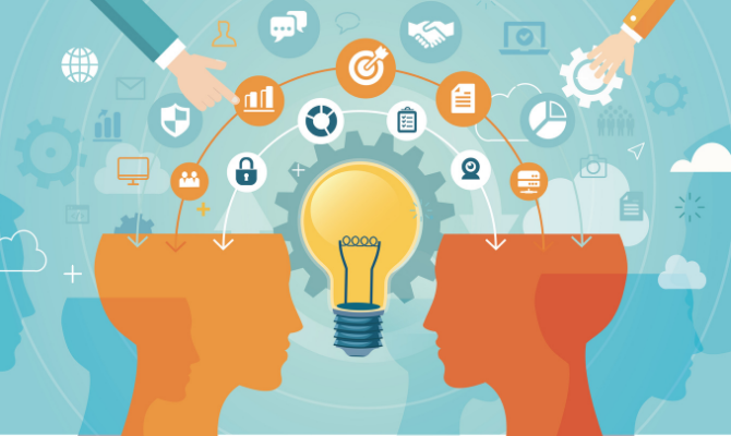 a cartoon that illustrates what a knowledge base is - there are icons of graphs, targets, shaking hands floating around a light bulb