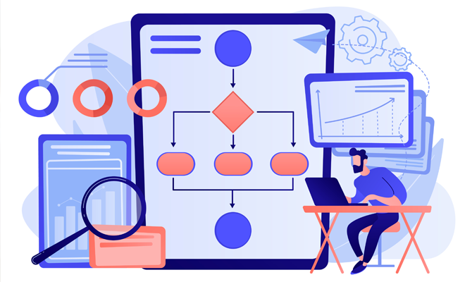 A blue, salmon pink and white cartoon of a person with a beard on a laptop and lots of icons of tablets, graphs and other work based imagery around them. 