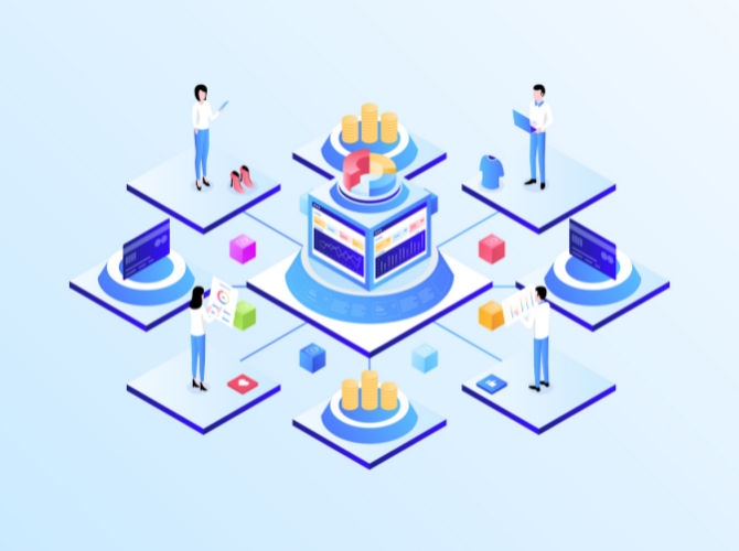 a graphic representing an omnichannel call center where there's a central computer with people on different floating platforms around it. The image is mainly light blue and yellow.