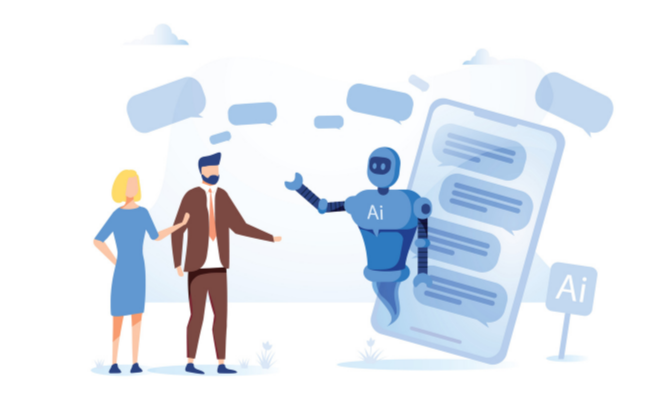 to represent reducing customer service costs using AI this shows a phone with an AI robot floating next to it and two people talking to the robot. Its in a graphic style and is mainly light blue and white.